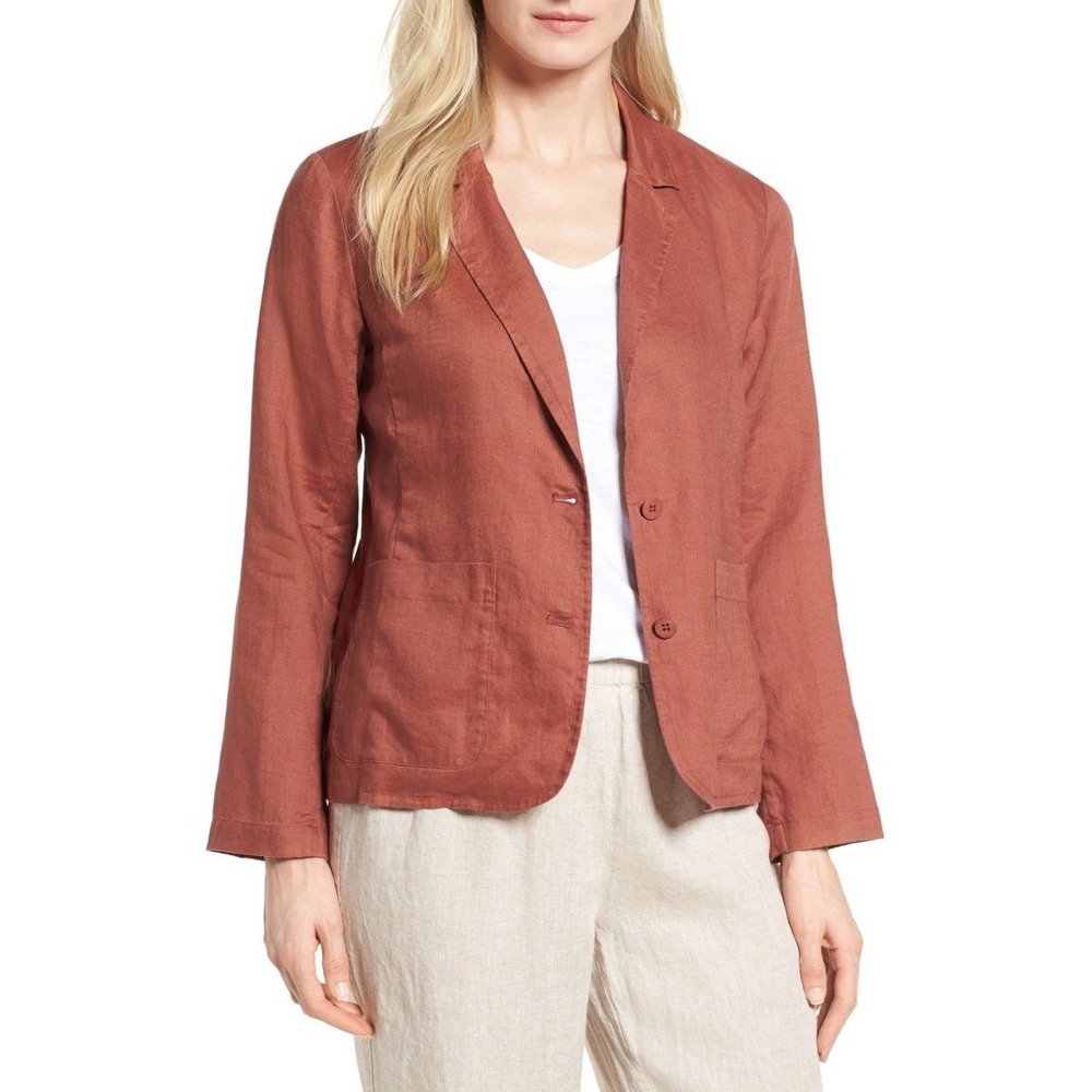 Eileen Fisher Shaped Blazer Jacket Organic Linen‎ Russet Brown XL